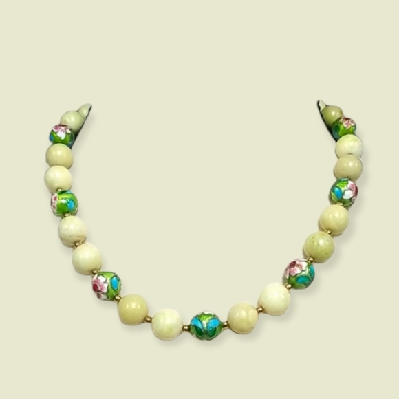 Vintage 1970s Boho Cloisoinne Bead Semi-precious Stone Gold Tone Necklace